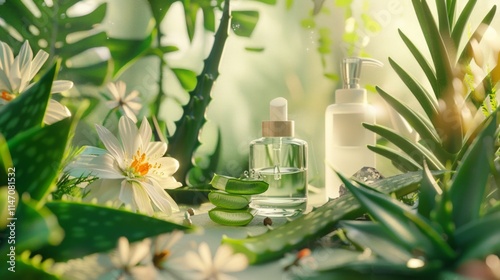 Natural aloe vera skincare products surrounded by lush greenery and delicate white flowers, illuminated by soft sunlight. Perfect for promoting organic and eco-friendly cosmetics. photo