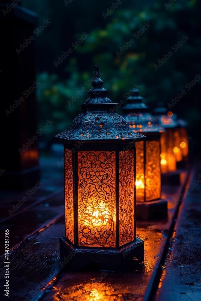 Ornate lanterns glow warmly on wet surface. Ornate lanterns glow warmly on wet surface.