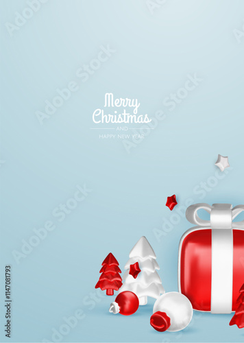 Happy New Year and Merry Christmas. Christmas holiday background with realistic 3d objects, bauble balls, conical metal stars. Levitation falling design composition.