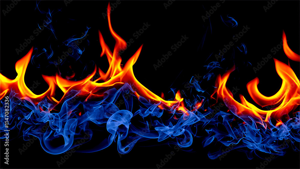 Fototapeta premium Red flames and blue smoke abstract background, glowing fire and vapor contrast on black, high detail texture