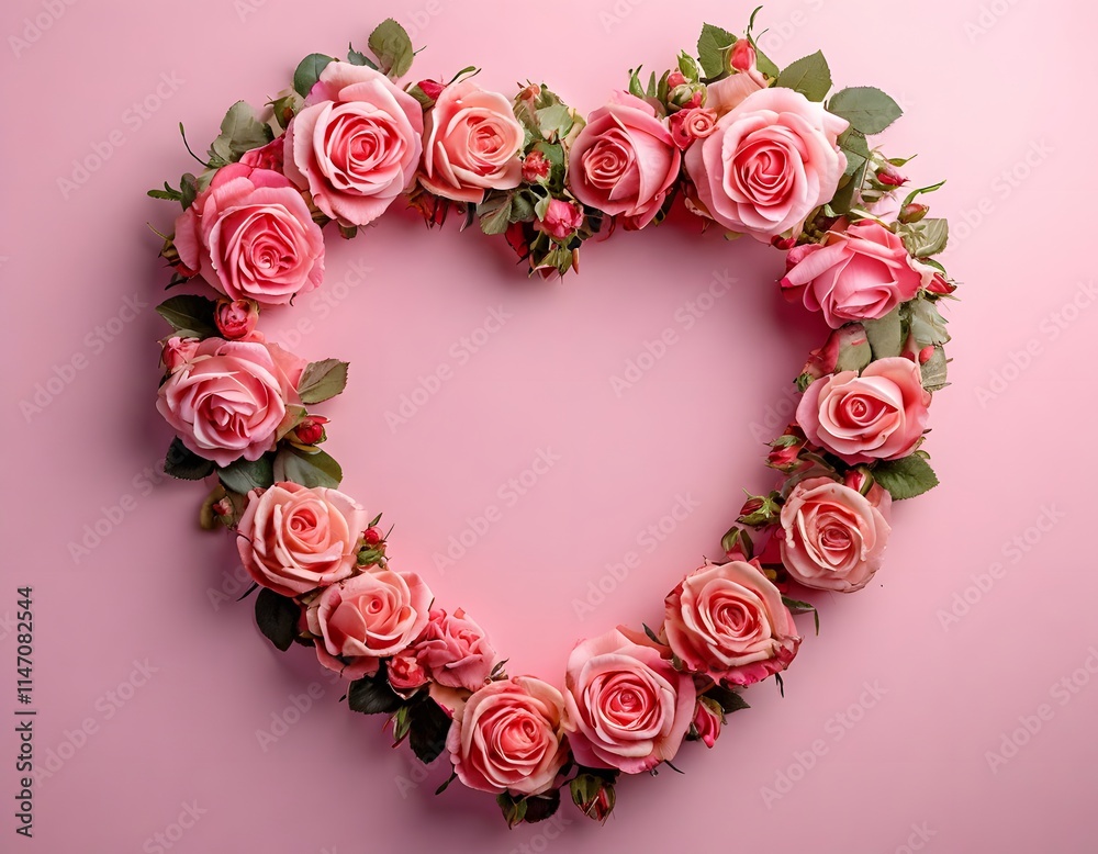 Romantic heart of fresh roses on soft pink gradient background with empty space in the center for text. Romantic heart of fresh roses on soft pink gradient background with empty space in the center for text.