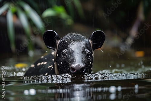 A close-up of a young animal swimming in a natural habitat, surrounded by water and lush greenery. photo