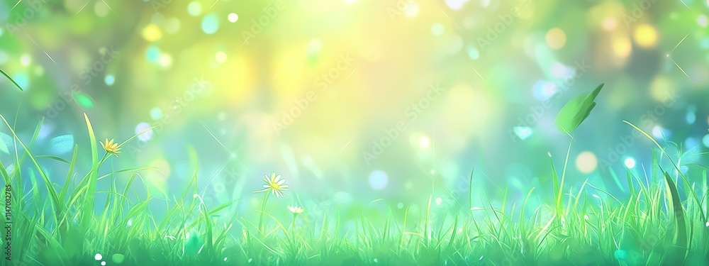 Obraz premium Bright sunlight through lush green grass and bokeh.