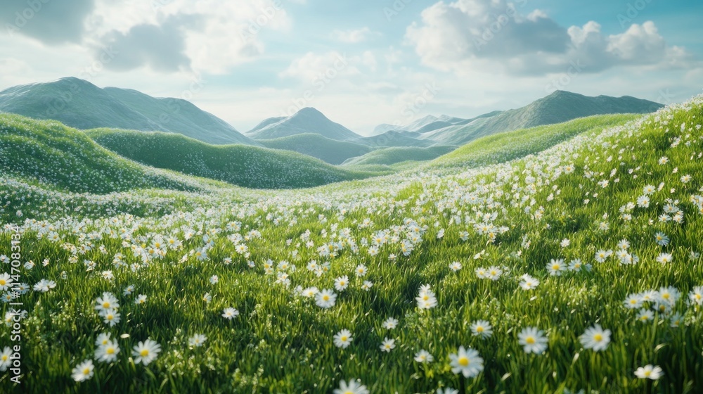 Sunlit daisy field rolling into distant green hills under a bright sky. Sunlit daisy field rolling into distant green hills under a bright sky.