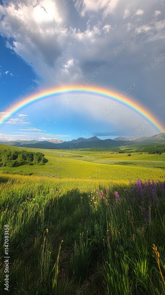 Beautiful rainbow arching over a tranquil valley at sunset with vibrant colors illuminating the landscape in the Beautiful rainbow arching over a tranquil valley at sunset with vibrant colors illuminating the landscape in the