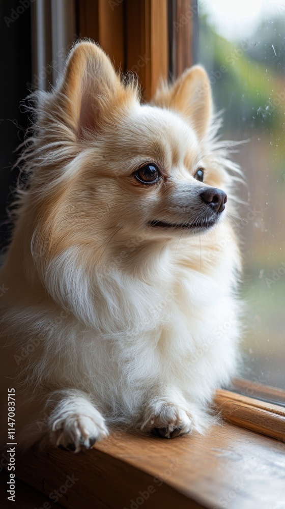 Small white dog gazes out of a window while autumn leaves change color during a peaceful afternoon Small white dog gazes out of a window while autumn leaves change color during a peaceful afternoon