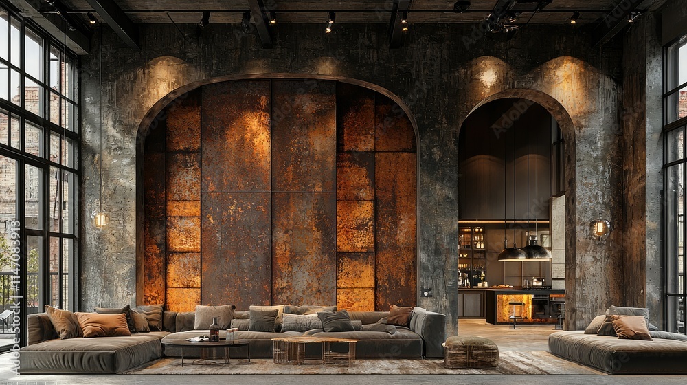 Modern industrial living space with a cozy lounge area and open kitchen. Modern industrial living space with a cozy lounge area and open kitchen.