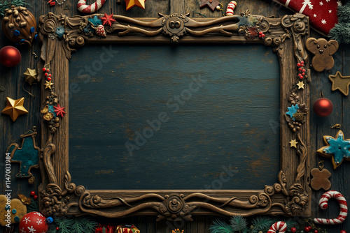 A wooden frame surrounded by christmas decorations on a wooden surface photo