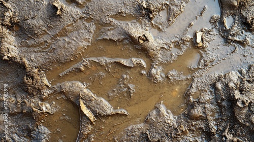 Muddy Ground Surface With Water Puddles And Footprints