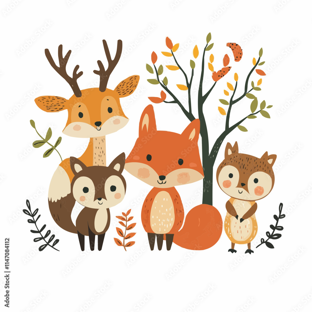 Naklejka premium Cute forest animals illustration with fox, deer, and squirrel