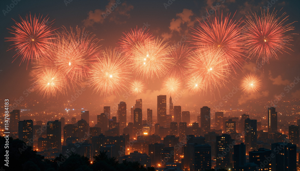 Obraz premium Fireworks over cityscape, breathtaking, illuminating the skyline at night