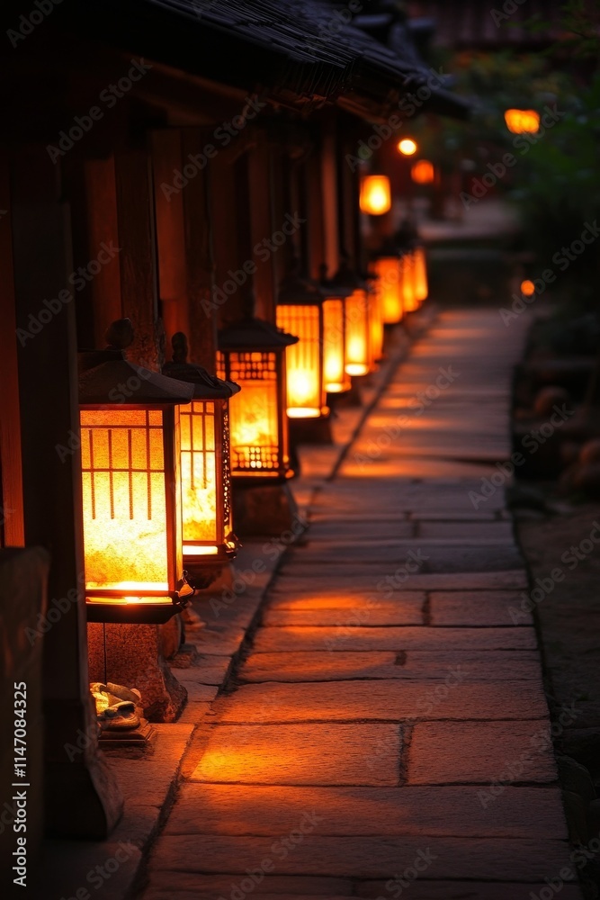 Illuminated pathway, lanterns lining stone walkway.
