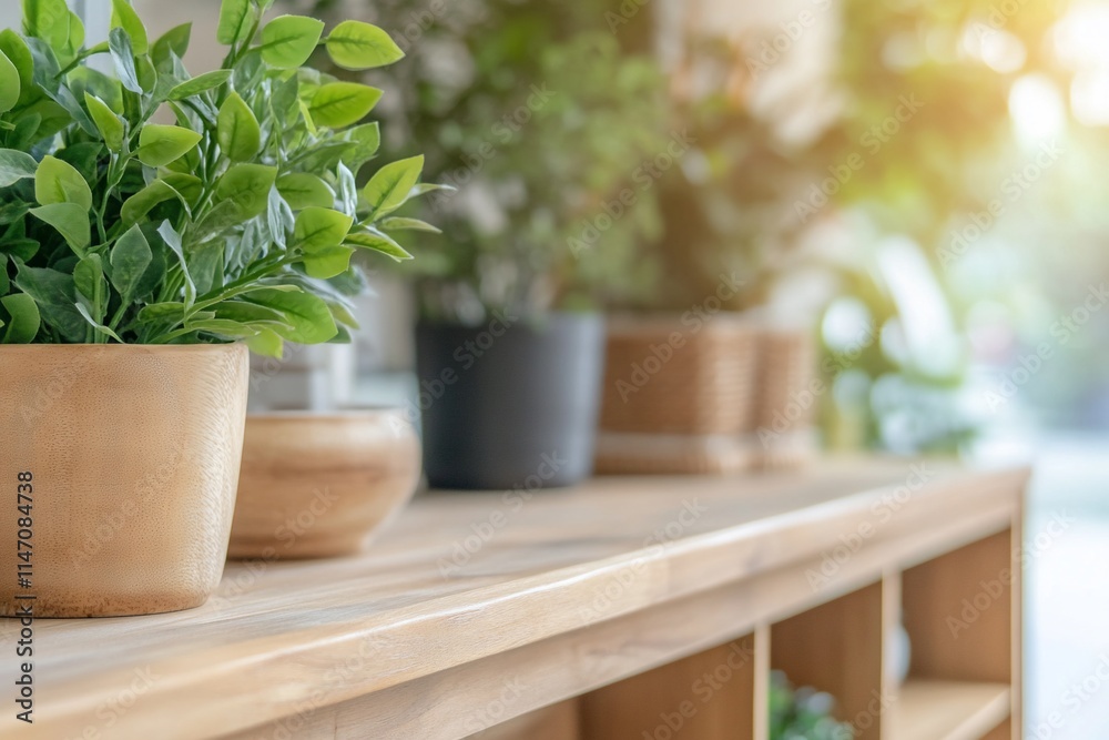 A wooden shelf displaying potted plants in a bright, serene environment. A wooden shelf displaying potted plants in a bright, serene environment.