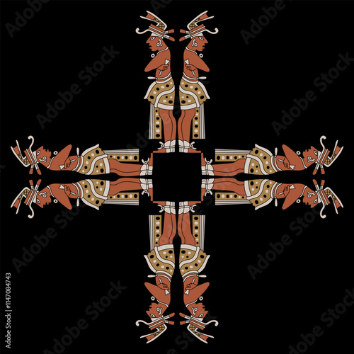 Square cross shape geometrical ornament or frame with standing Mayan men. Hero twins. Indigenous Native American design. On black background.