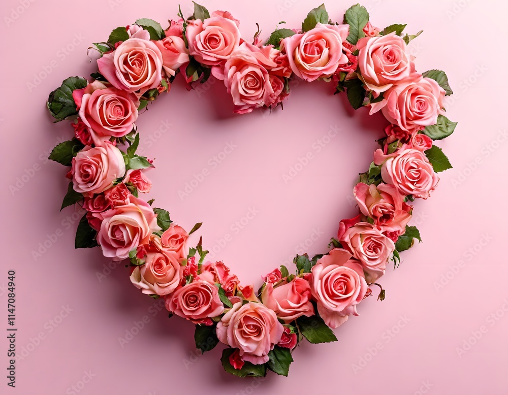 Romantic heart of fresh roses on soft pink gradient background with empty space in the center for text. Romantic heart of fresh roses on soft pink gradient background with empty space in the center for text.