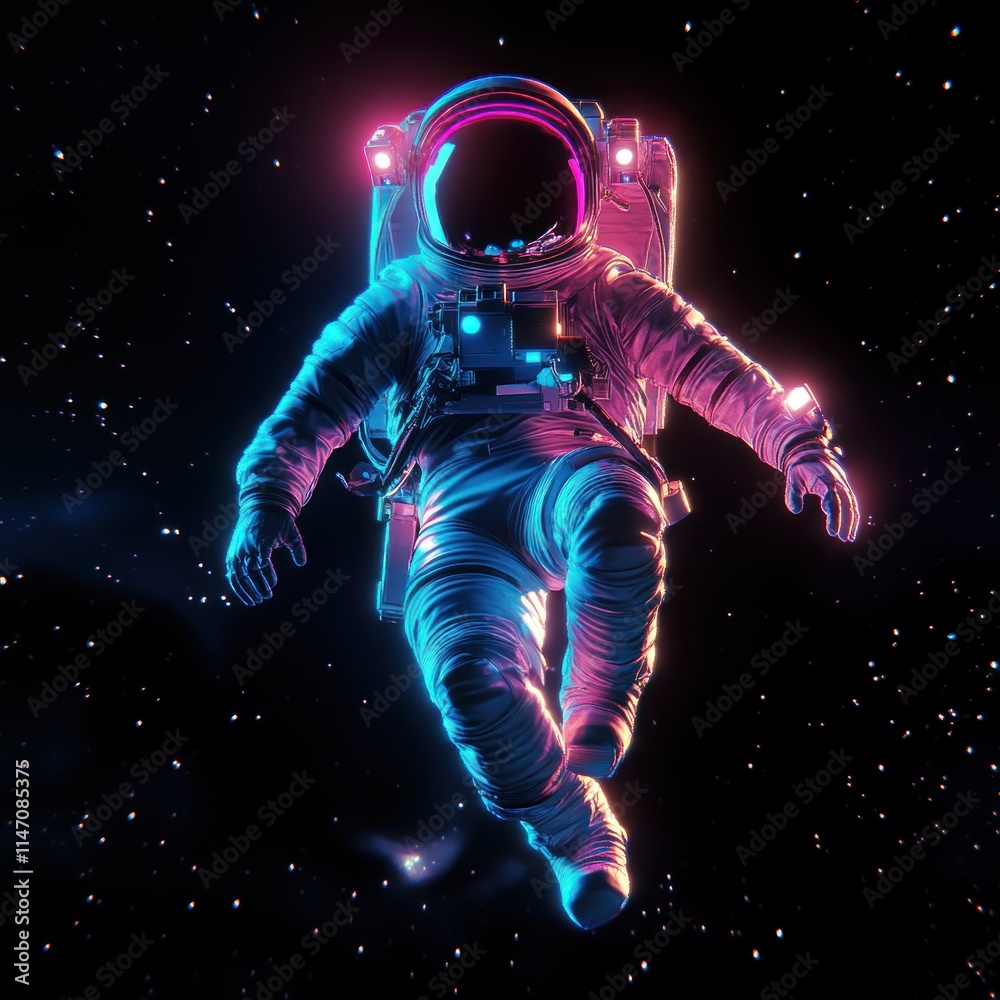 Fototapeta premium Astronaut floating in vibrant neon space.