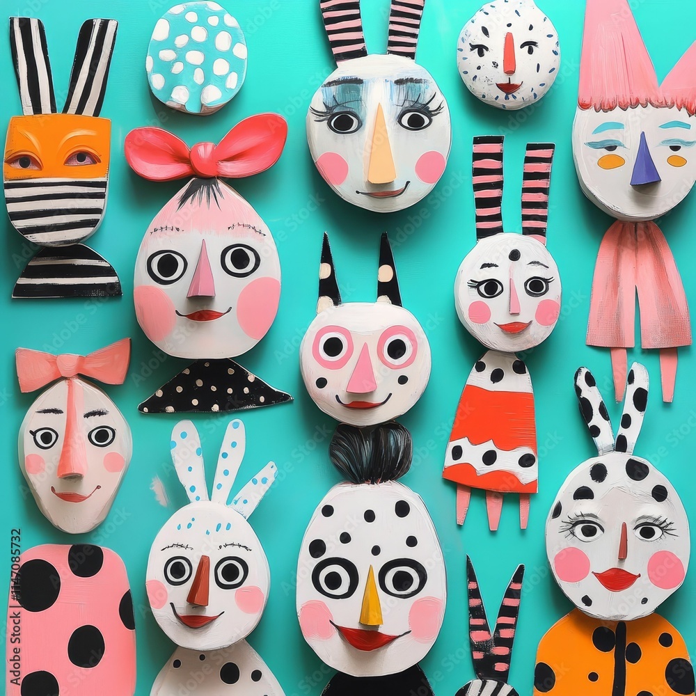 Whimsical painted faces, various shapes, teal background. Whimsical painted faces, various shapes, teal background.