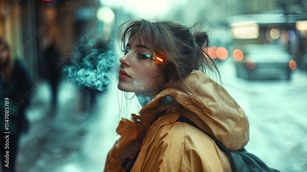 Obraz premium futuristic winter fashion: tech-integrated warm jackets with glowing elements set against a snowy city street - perfect for sports interior posters and modern décor!