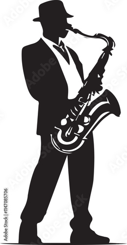 Black and White saxophone logo type Silhouette Design