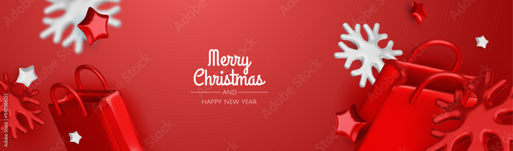 Christmas and New Year Sale. Red bright realistic 3d holiday object design, shopping bag, gift box. Promo sale, advertising banner, web poster. vector illustration Christmas and New Year Sale. Red bright realistic 3d holiday object design, shopping bag, gift box. Promo sale, advertising banner, web poster. vector illustration