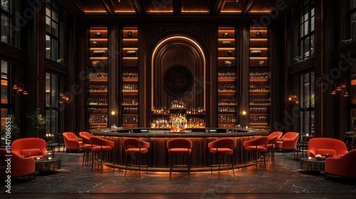 Luxurious dark wood bar with red velvet chairs and extensive liquor selection.