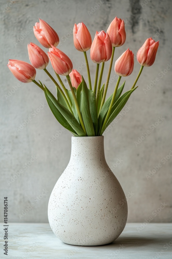 Fresh pink tulips arranged in a sleek white vase on a simple gray background in a natural light setting Fresh pink tulips arranged in a sleek white vase on a simple gray background in a natural light setting