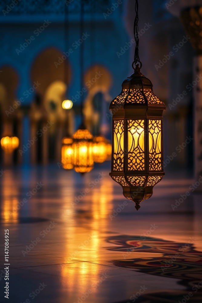 Illuminated lanterns hang, reflecting warm light. Illuminated lanterns hang, reflecting warm light.