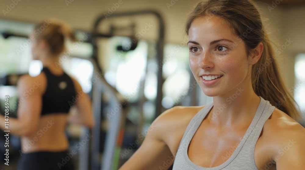 Young woman smiling while exercising in a gym setting. Young woman smiling while exercising in a gym setting.