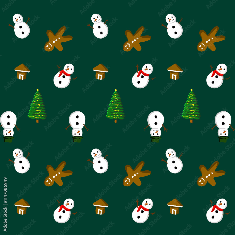Obraz premium Festive Holiday Pattern Featuring Christmas Trees, snowman, and gingerbread Decorations