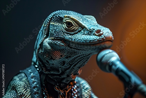 A lizard dressed in a punk style, singing into a microphone with a vibrant stage light backdrop.