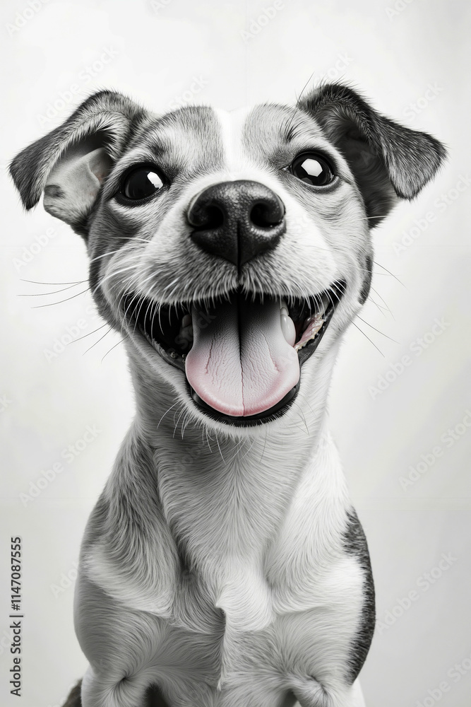 A black and white photo of a dog with its tongue out A black and white photo of a dog with its tongue out
