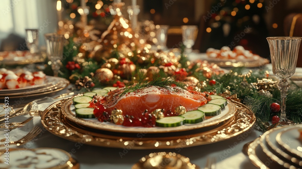 Festive Christmas salmon centerpiece on elegant table. Festive Christmas salmon centerpiece on elegant table.