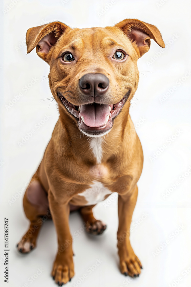 A brown dog sitting on a white surface with its mouth open A brown dog sitting on a white surface with its mouth open