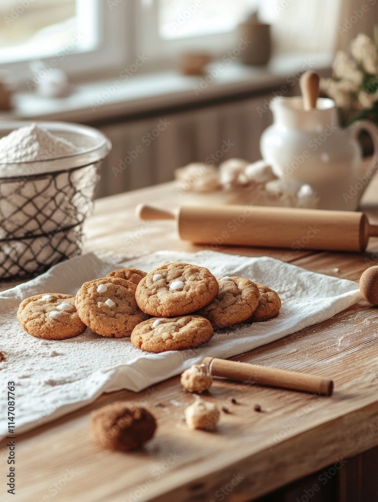 Freshly baked cookies on a rustic kitchen countertop with ample copy space for your favorite recipe or message. Generative AI