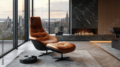 Modern lounge chair in a stylish interior with a city view at sunset.