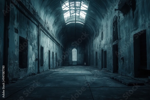 Abandoned corridor with arched windows and peeling walls in an old building
