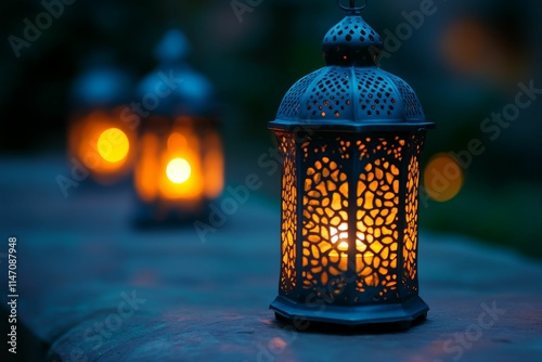 Ornate lanterns glow, softly illuminating night.