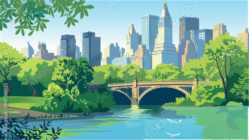 Urban Nature- Central Park in Vibrant Vector Style.eps