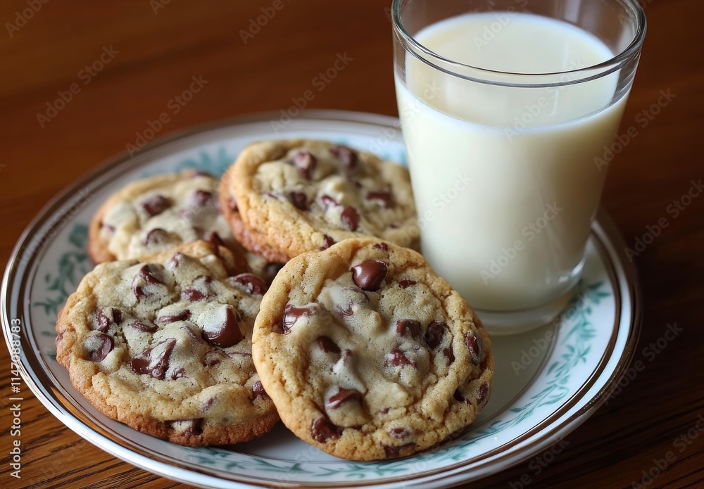 Freshly baked chocolate chip cookies arranged on a white plate resting on a wooden surface with natural light Freshly baked chocolate chip cookies arranged on a white plate resting on a wooden surface with natural light