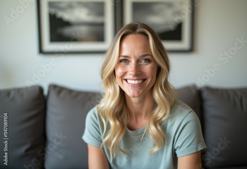 A happy blonde woman smiles warmly while sitting on a gray couch in her living room. Free Download A happy blonde woman smiles warmly while sitting on a gray couch in her living room. - GFXLoad