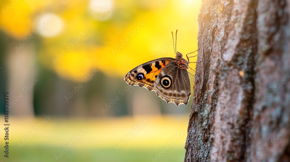 A butterfly perched on a tree trunk in a vibrant, blurred background. A butterfly perched on a tree trunk in a vibrant, blurred background.