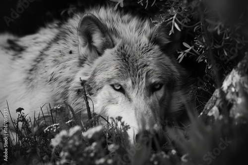 A majestic wolf peering through foliage, showcasing its sharp gaze and wild beauty in black and white. photo