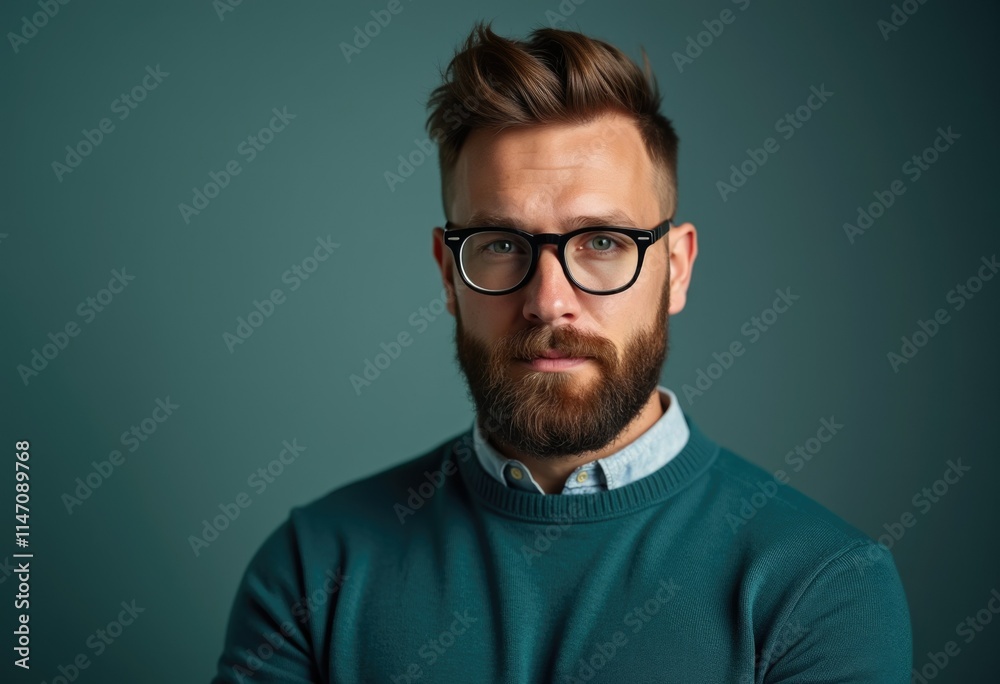 Portrait of a serious, bearded man with glasses, wearing a teal sweater against a muted green background. Portrait of a serious, bearded man with glasses, wearing a teal sweater against a muted green background.