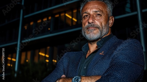 Wallpaper Mural Confident mature man with arms crossed, standing at night in front of modern building. Torontodigital.ca