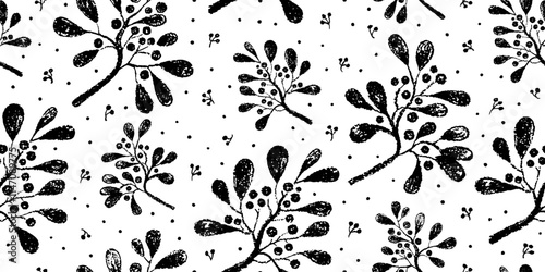 Mistletoe pattern. Seamless vector branch berry background. Christmas mistletoe holly winter bg. Holiday vintage print. Black silhouette floral pattern. Tree leaf branch watercolor design. Crayon Xmas