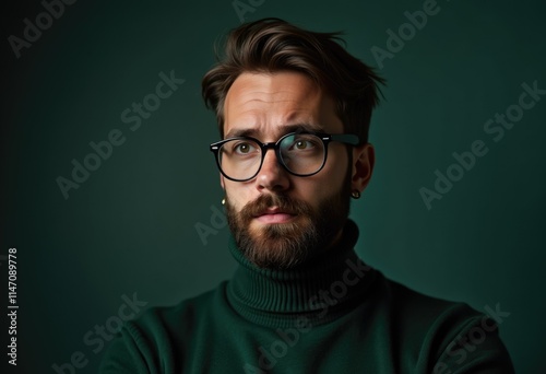 A contemplative young man with a beard, wearing glasses and a turtleneck sweater, gazes thoughtfully into the distance.