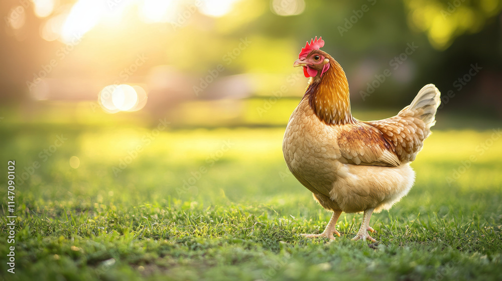 Fototapeta premium Close-up of a single free-range chicken standing on a patch of grass, with blurred greenery and soft light in the background, perfect for farm-to-table visuals. 