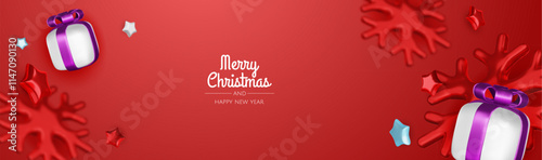 Happy New Year and Merry Christmas. Christmas holiday background with realistic 3d objects, bauble balls, conical metal stars. Levitation falling design composition.