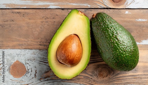 Ripe Avocado Cut in Half Showing the Seed on a Wooden Background