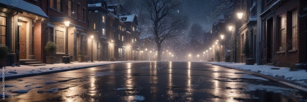 Snowflakes gently falling on a quiet street in winter, icy, night, empty Snowflakes gently falling on a quiet street in winter, icy, night, empty